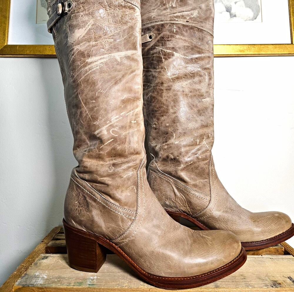 Frye Jane Tall Cuff Over The Knee Boots Distressed Tan Leather Womens Size 9 B